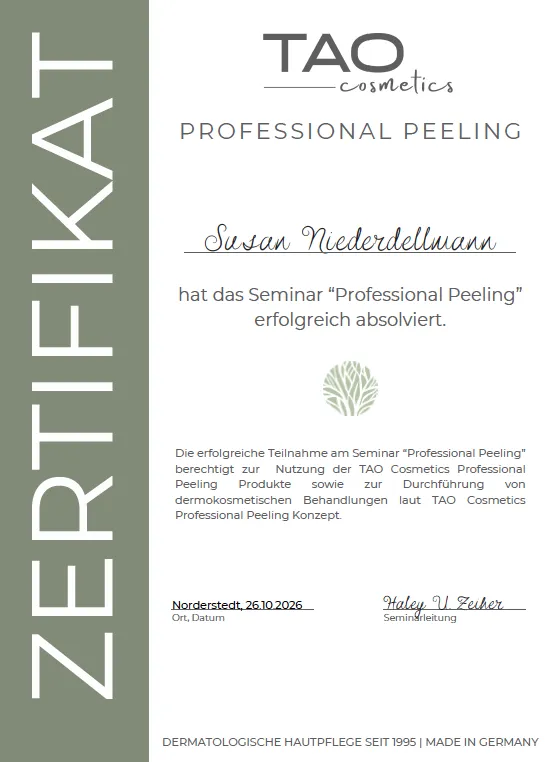 Zertifikat von Susan Niederdellmann für Apparative Kosmetik, Muskeltstimulation