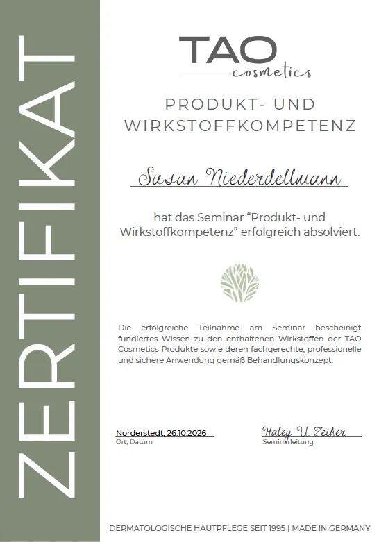 Zertifikat von Susan Niederdellmann für den Bereich Anti Aging und eine schönere Haut