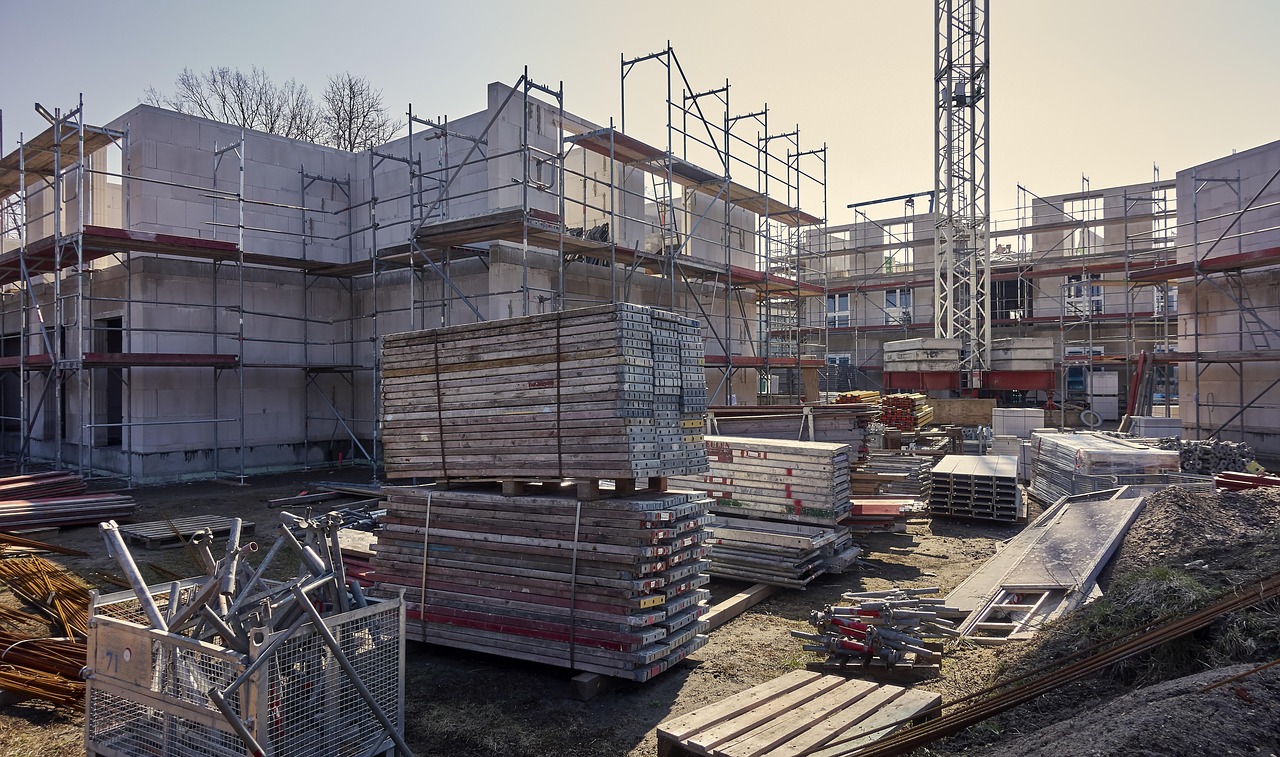 scaffolding and material on a construction jobsite
