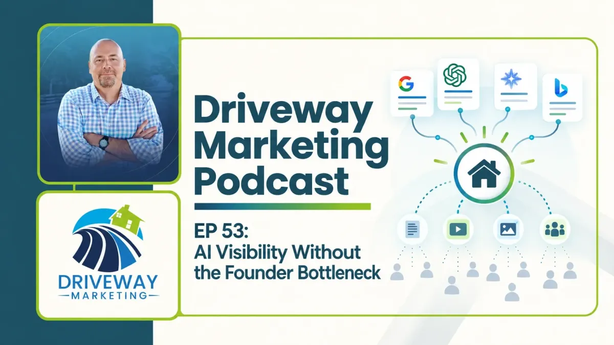 Driveway Marketing Podcast Episode 53 featured image with host Bryan Durkin and the title “AI Visibility Without the Founder Bottleneck,” alongside an AI visibility graphic showing search platforms, brand authority, content, and distributed team signals.