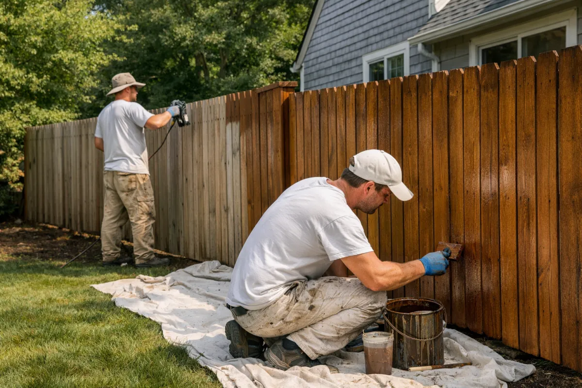 Professional contractors staining and sealing a residential wood fence in Beverly MA