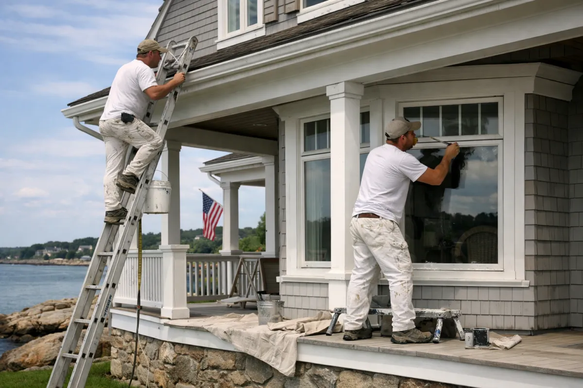 Professional interior painters painting walls and trim inside a Beverly MA home