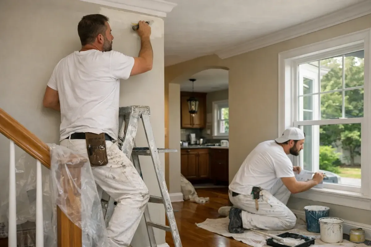 Professional exterior house painters working on a residential home in Beverly MA