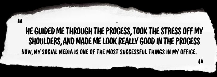 Quote highlighting successful social media guidance and stress relief for professionals.