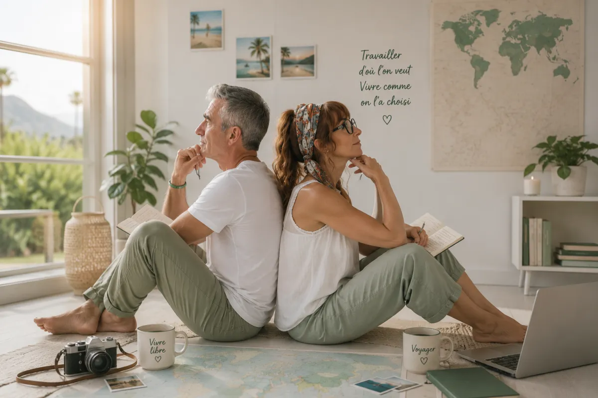 Couple travaillant depuis un endroit en voyage, avec leurs ordinateurs portables