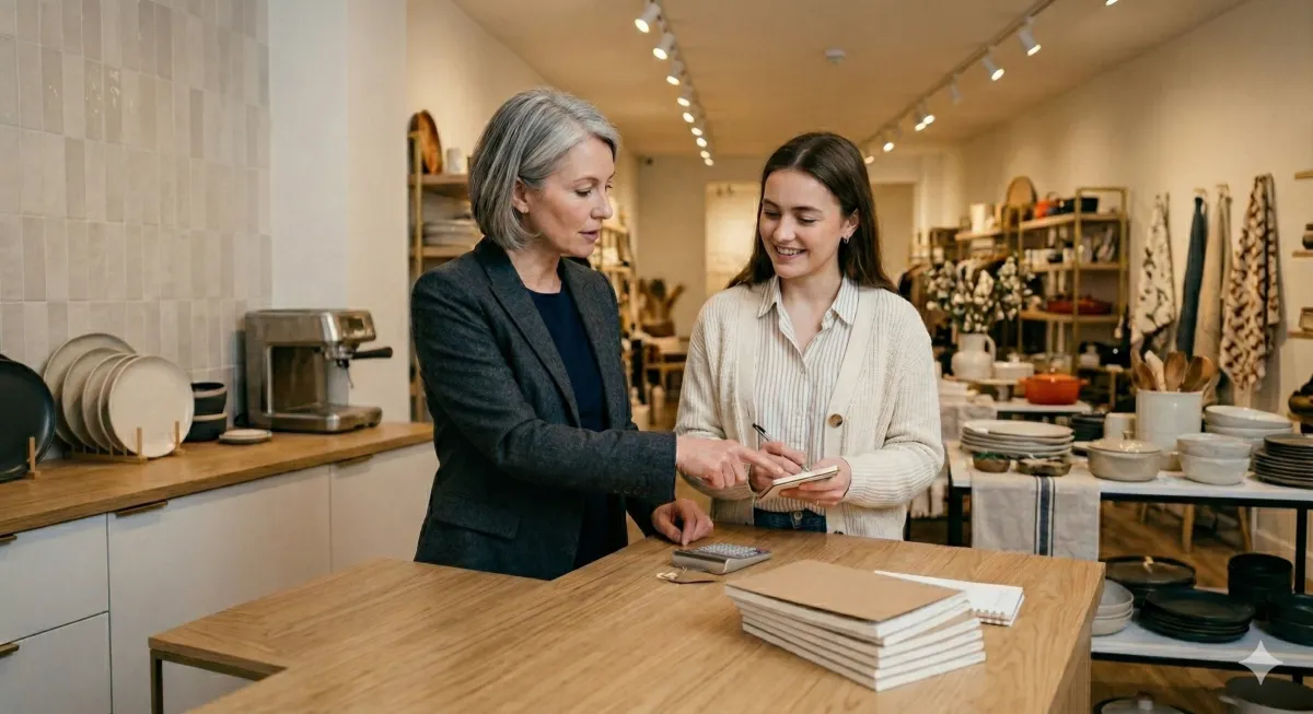 Retail boutique owner managing excess inventory and calculating financial cash flow loss.