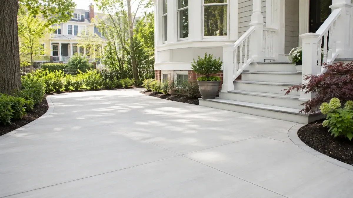 Concrete resurfacing service by Cambridge Concrete Pros for a refreshed residential driveway and walkway in Cambridge MA.