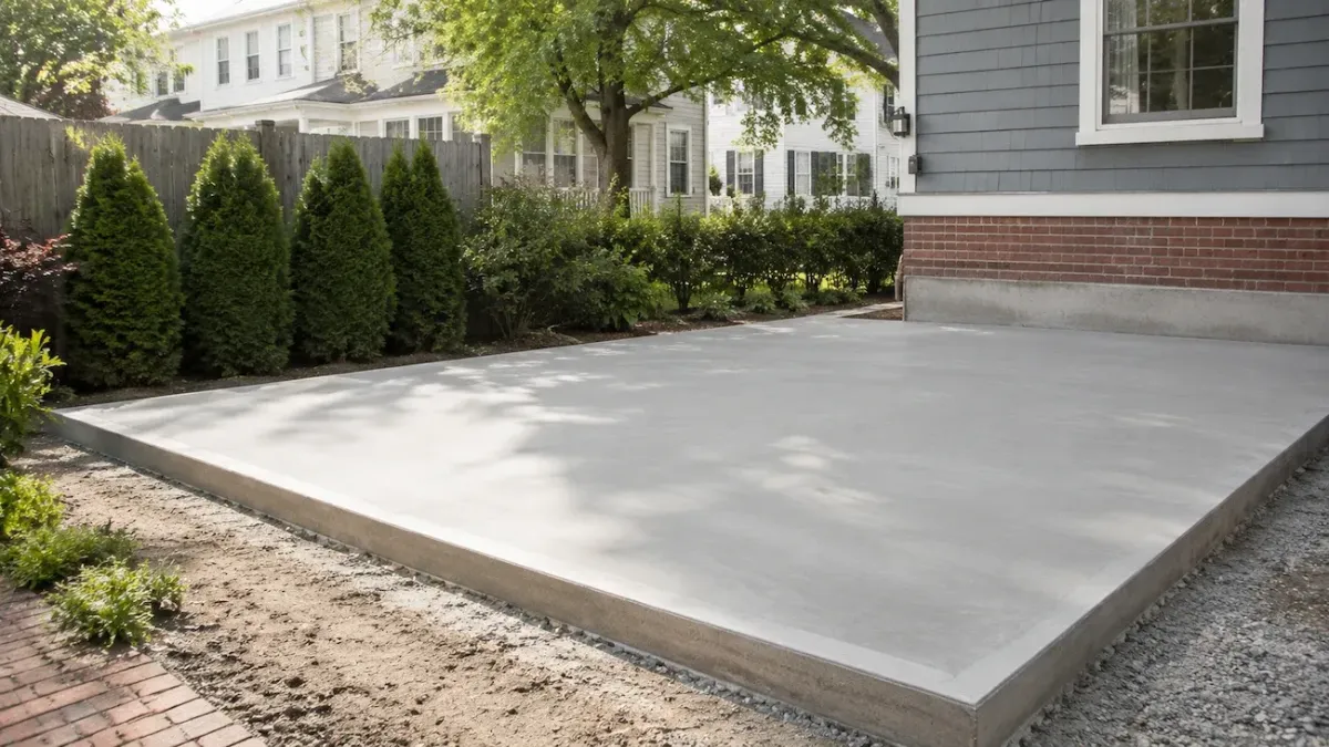 Fresh concrete slab installation by Cambridge Concrete Pros for a residential project in Cambridge MA.