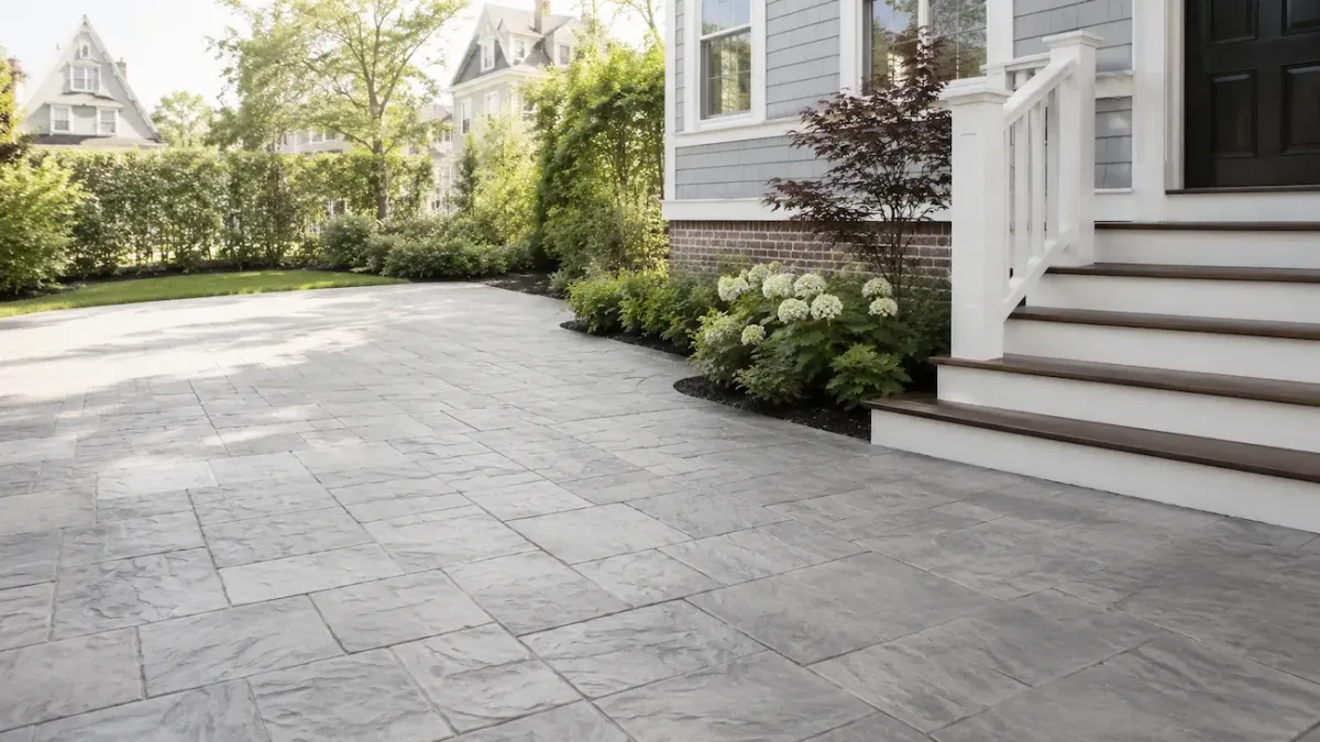 Stamped concrete patio installation with stone pattern finish by Cambridge Concrete Pros in Cambridge MA.