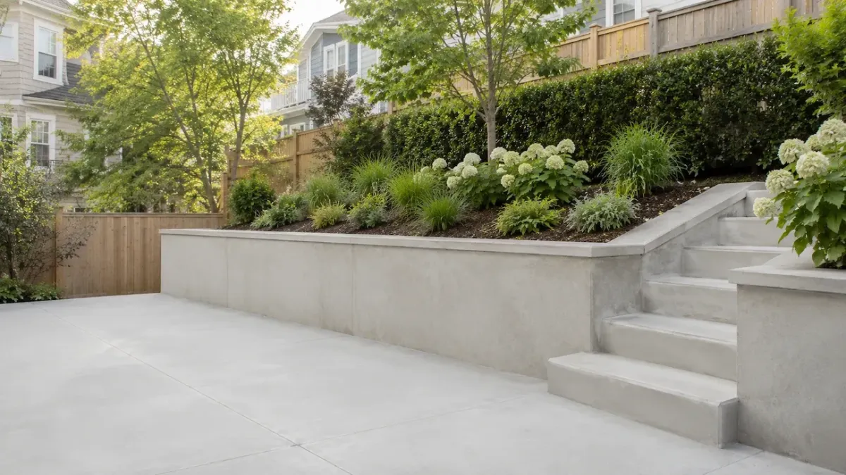 Concrete retaining wall installation by Cambridge Concrete Pros for a landscaped backyard in Cambridge MA.