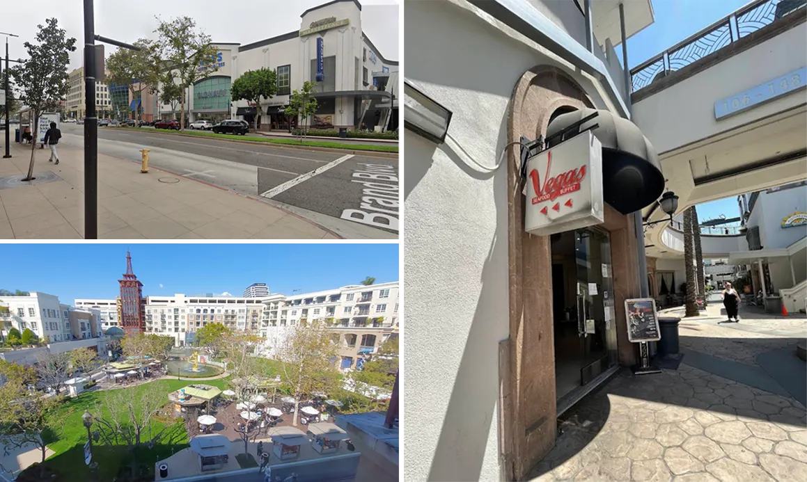 Collage showing Brand Boulevard, the entrance of Vegas Buffet, and a nearby outdoor plaza in Glendale, California