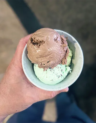 Hand holding a bowl with two scoops of ice cream, one chocolate and one mint