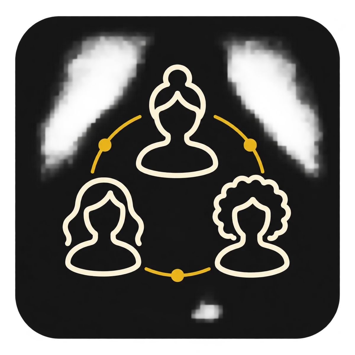 Icon showing three female figures in a triagle connected by a circle like a community