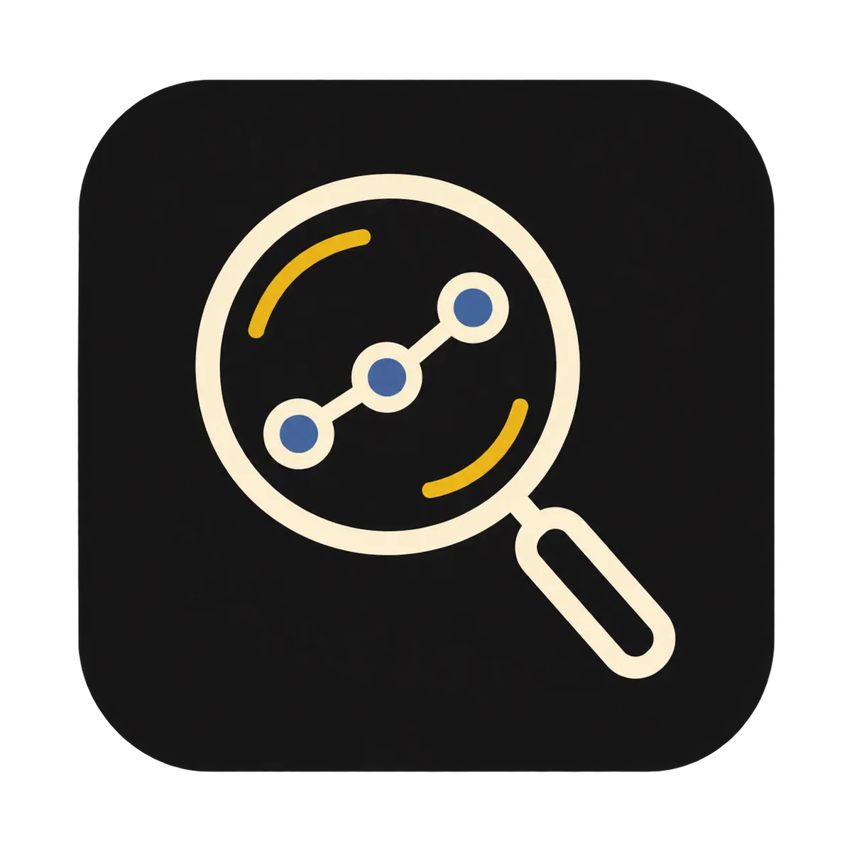 Icon showing a magnifying glass which sees three connected blue dots