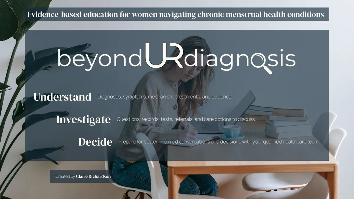 This website header image has a picture of a young woman working on her laptop at a desk writing in a paper notebook.  She has a plant behind her and obooks and a coffee cup on the table.  At the top overlaying the picture it says "Evidence-based education for women navigating chronic menstrual health conditions".  The next overlaying box has the beyondURdiagnosis logo then UNDERSTAND diagnoses, symptoms, mechanism, treatments, and evidenc. INVESTIGATE questions, records, tests, referrals, and care options to disuss.  DECIDE prepare for better informed concersations and decisions with your qualified healthcare team."  Then in a smaller box overlayed underneath it says "created by Claire Richardson"
