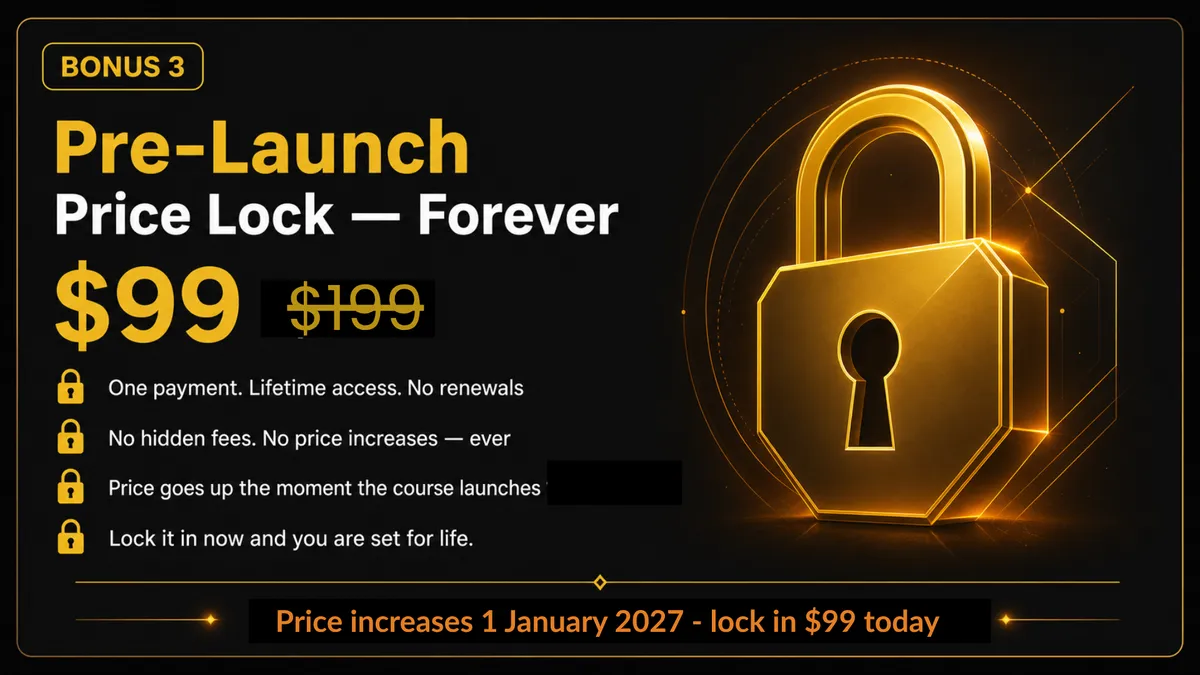 The image states: "Bonus 3 Pre-launch Price Lock - Forever $99 (not $199)" Then dot points * One payent. Lifetime access. No renewals * No hidden fee. No price increases ever * Price goes up the moment the course launches * Lock it in now and you are set for life." Then underneath "Price increases 1 January 2027 - lock in $99 today." There is an image with a glowing padlock next to it on the right.