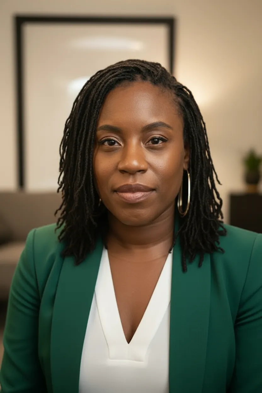 Mesha Miller at a minimalist desk in a bright home office