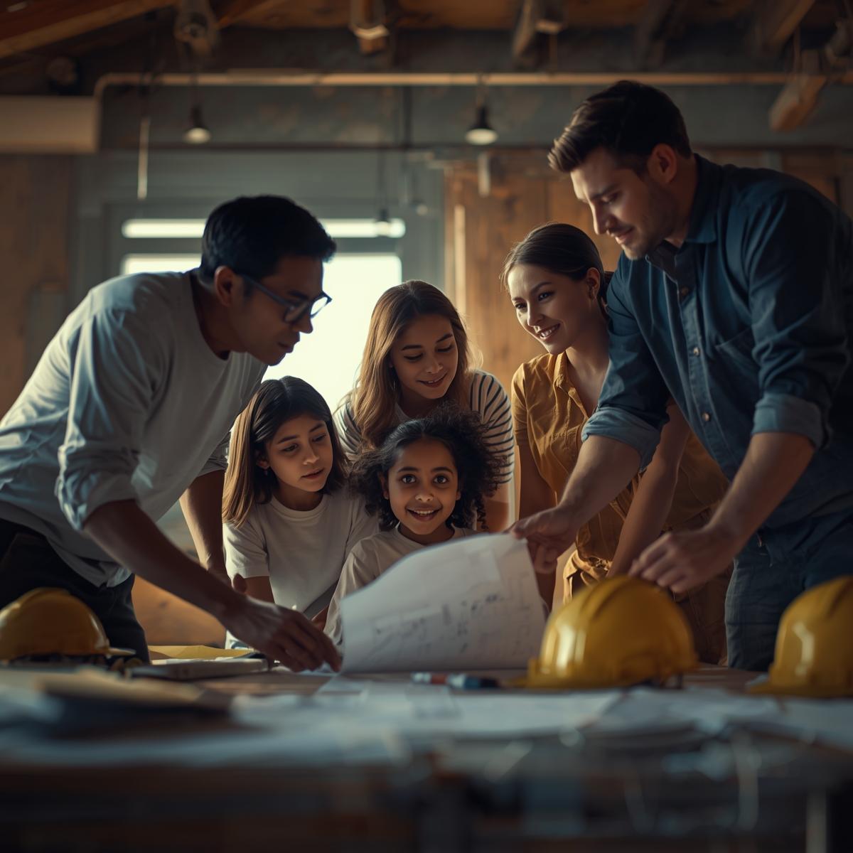 A young couple stands with a real estate advisor in front of a newly built Texas home, reviewing blueprints.