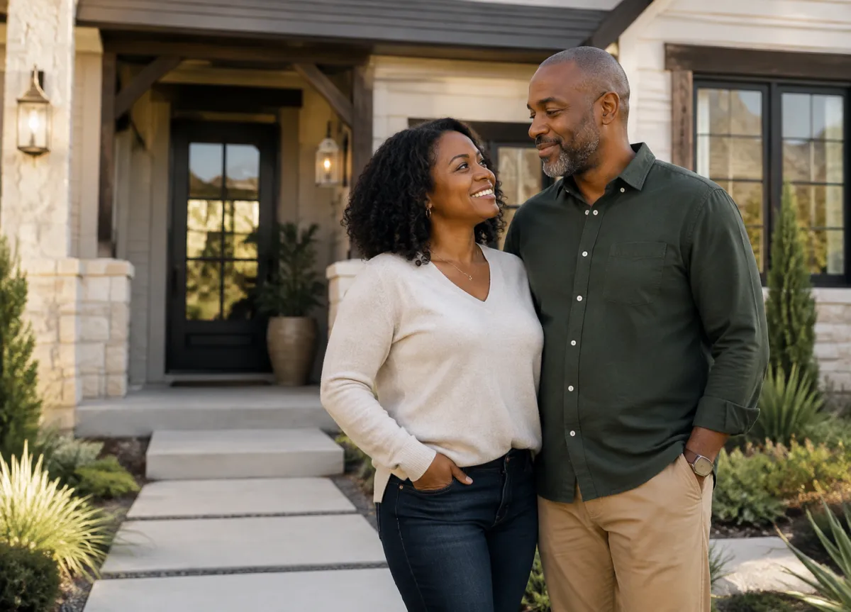 Black homebuyer standing confidently at a welcoming Texas-style home