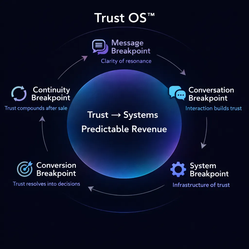 Message Breakpoint (Clarity of resonance) Conversation Breakpoint (Interaction builds trust) System Breakpoint (Infrastructure of trust) Conversion Breakpoint (Trust resolves into decisions) Continuity Breakpoint (Trust compounds after sale) Trust OS cycle system