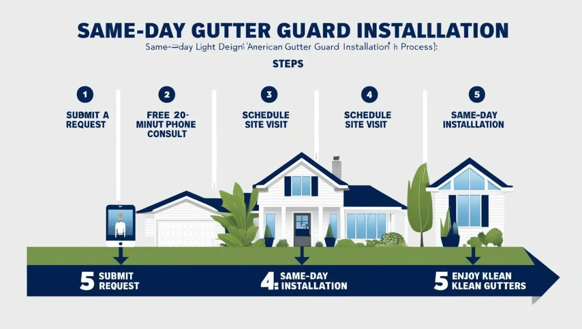 Infographic showing 5-step same-day gutter guard installation process for a house.