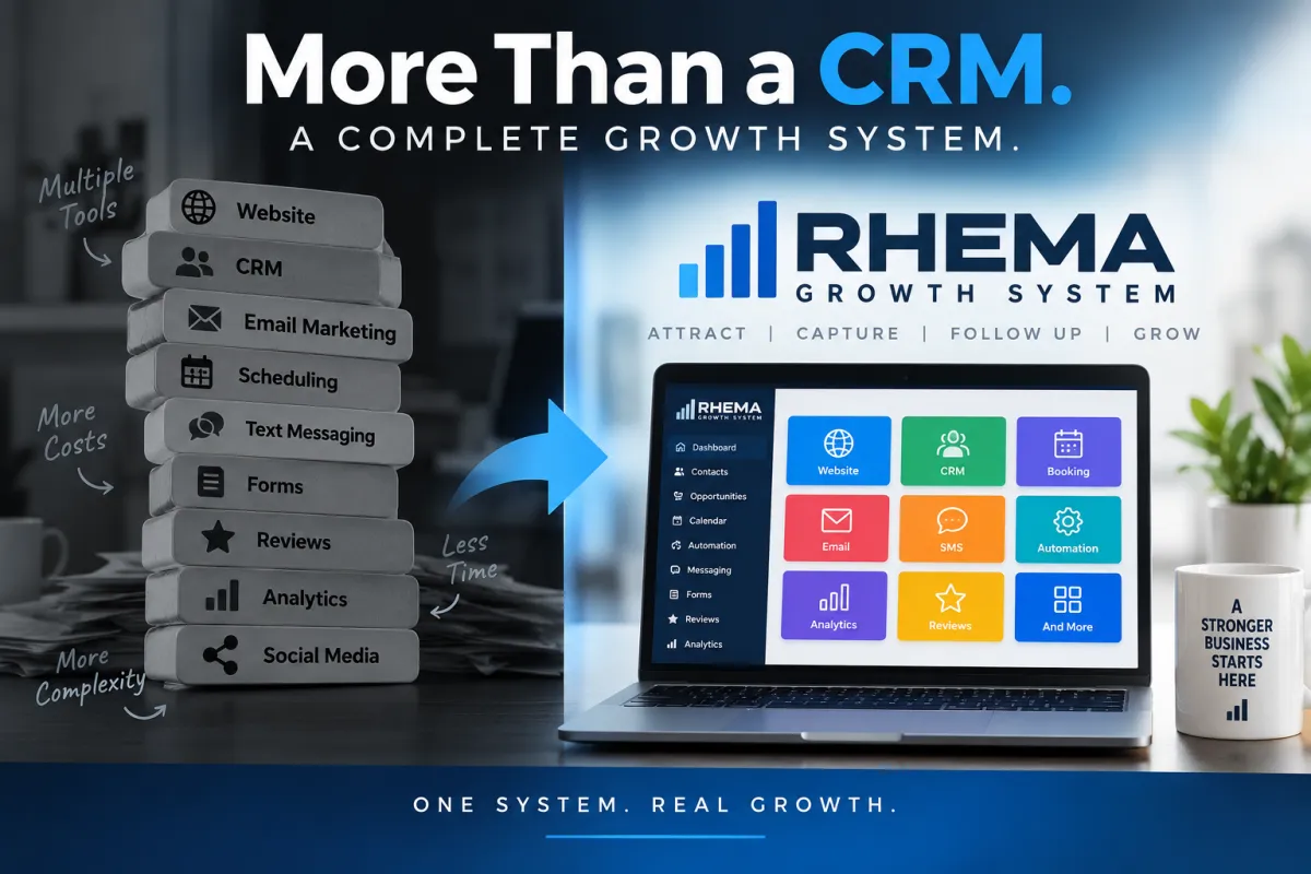 Rhema Growth System compared with multiple disconnected CRM and marketing tools, showing one platform for website, CRM, booking, email, SMS, automation, analytics, and reviews.