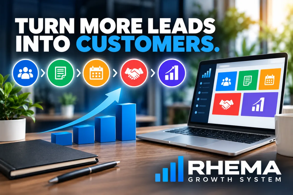 Rhema Growth System graphic showing a connected lead-to-customer process with CRM icons, growth chart, and business dashboard.