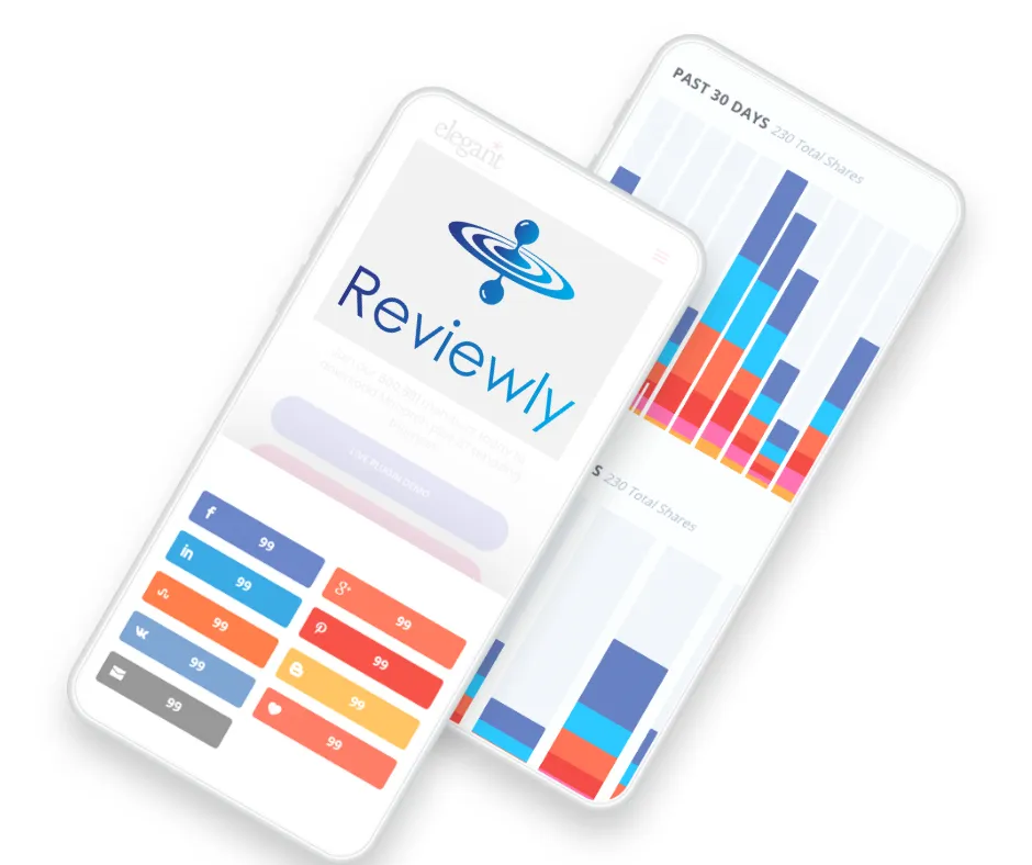 Two white phones , one on top of the other with a showing the increase in local seo using the Reviewly software management tools