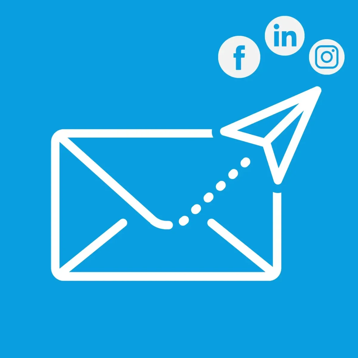 blue box with and envelope and arrow directing to three social media logos