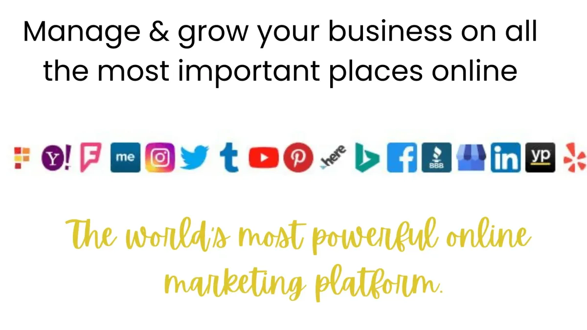 17 images of business listings site across the center with Manage & grow your business on all the most important places online written above