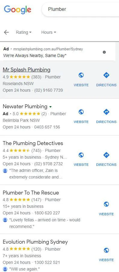 List of the top pluming companies on google maps search