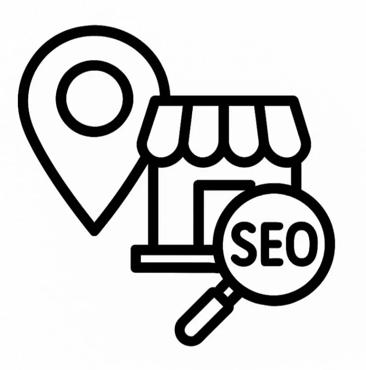 Line drawing of a local business imagine with SEO in a magnifying glass in front and a pin at the rear 