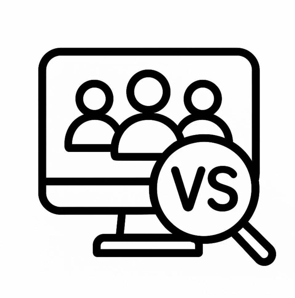 line drawing of a computer with 3 heads inside representing competitors with a magnifying glass with the words VS