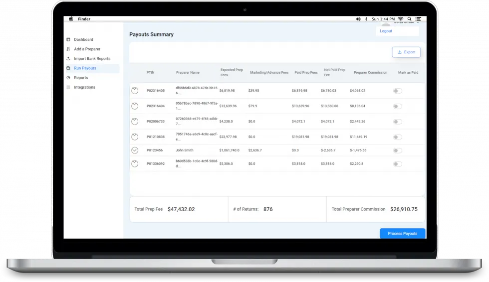 Laptop mockup showing the PayPrep dashboard UI