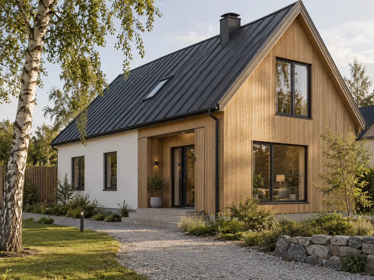 Illustrationsbild av ett skandinaviskt hus med träfasad och plåttak