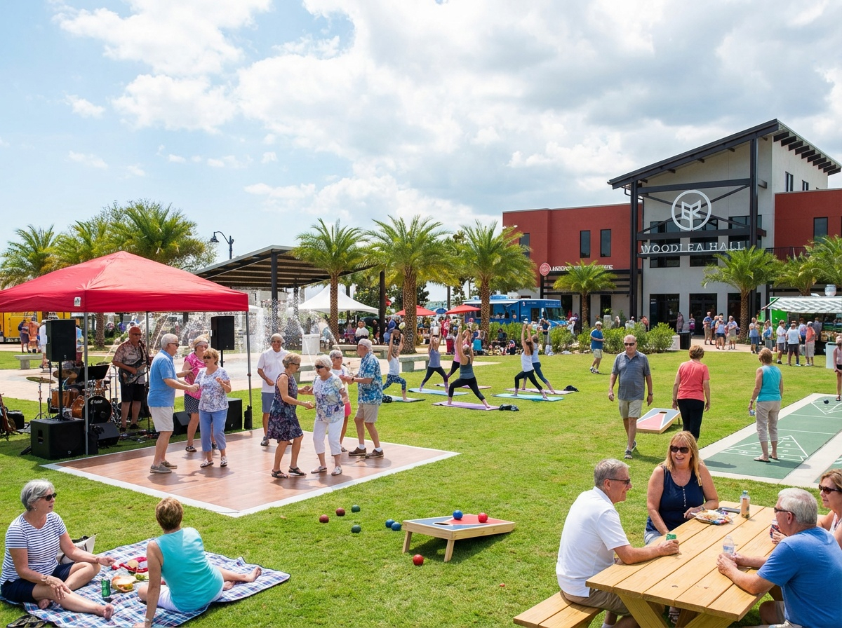 a tall building sitting next to a forest of trees