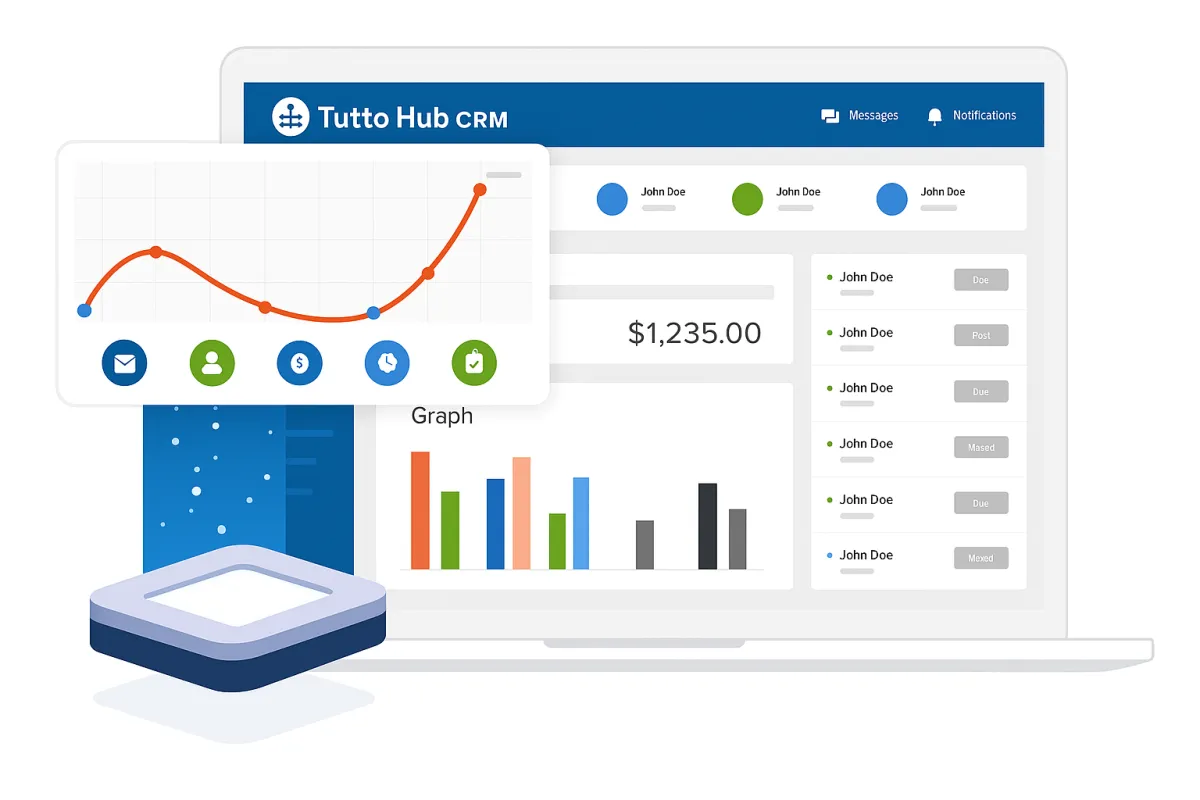Tutto Hub CRM software dashboard showcasing automation analytics, user tasks, and lead tracking tools on a modern interface.
