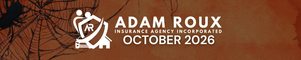 October 2026 autumn landscape with warm fall foliage, cozy seasonal atmosphere, and Adam Roux Insurance Agency branding.