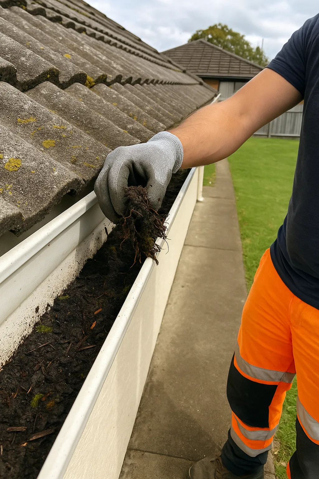 Worker in orange hi-vis trousers cleaning out gutter debris beside concrete tile roof