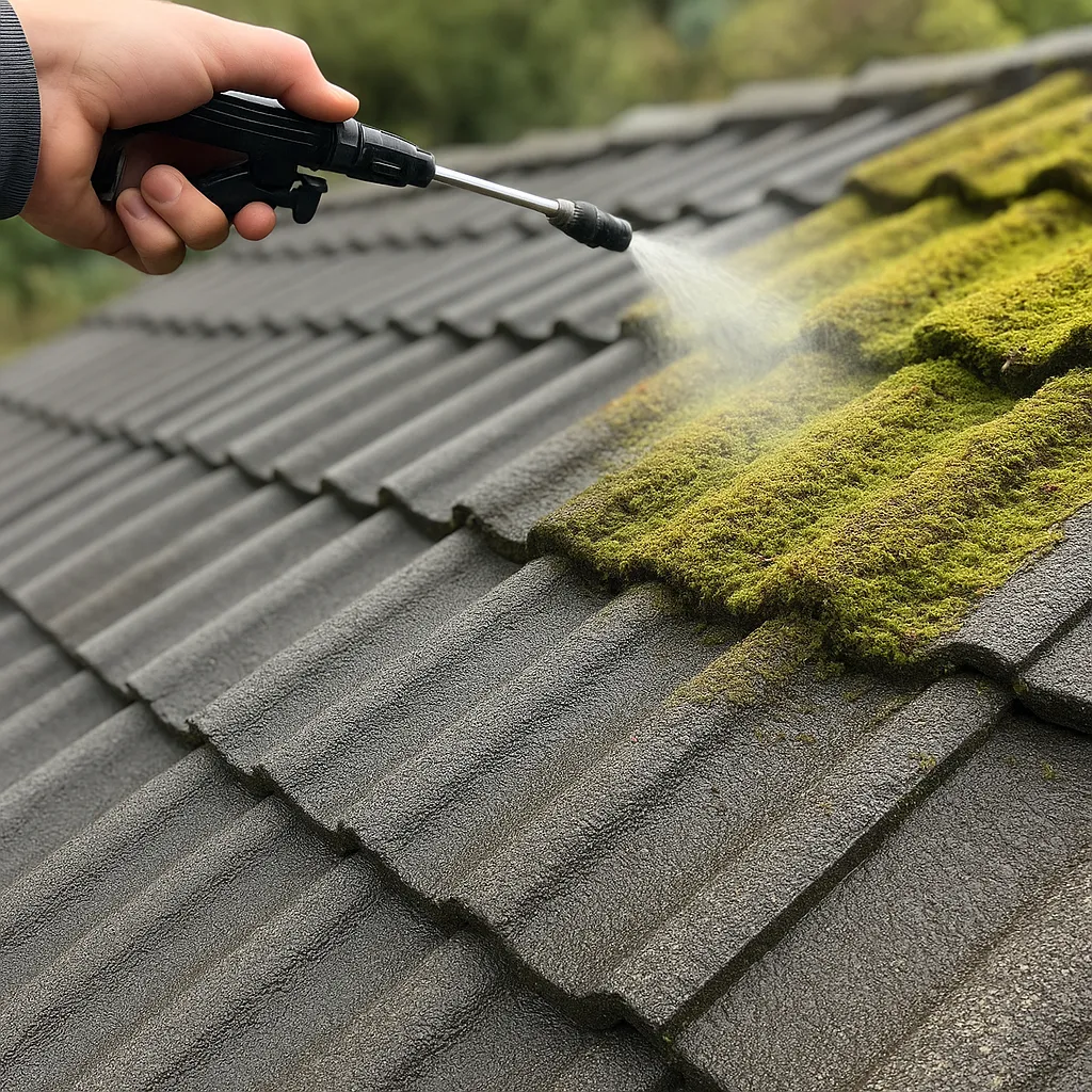 Spraying moss remover on a grey concrete tile roof in East Auckland