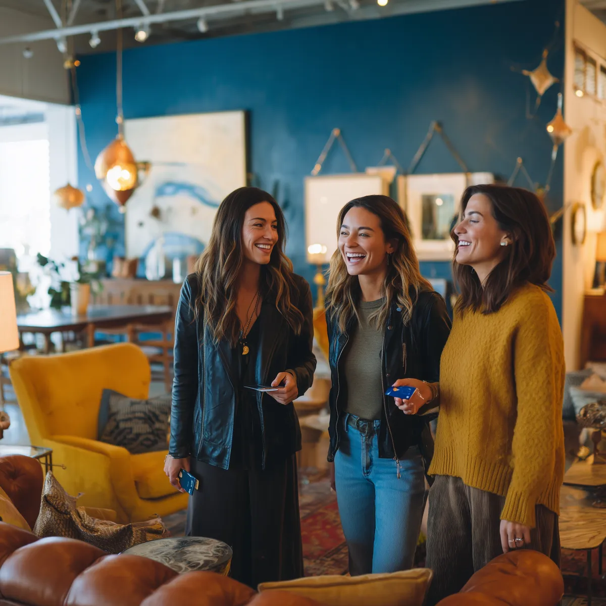 A close-up of a hand holding a smartphone displaying a colorful loyalty program dashboard with points, rewards, and a progress bar. The background is a cozy coffee shop with blurred customers and warm lighting, emphasizing a modern, tech-savvy experience.