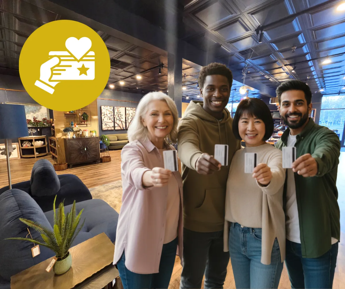 A group of diverse, smiling shoppers holding up loyalty cards in a bright, modern retail environment. The group includes people of different ages and backgrounds, all looking excited and engaged. The background features colorful store displays and soft natural lighting.