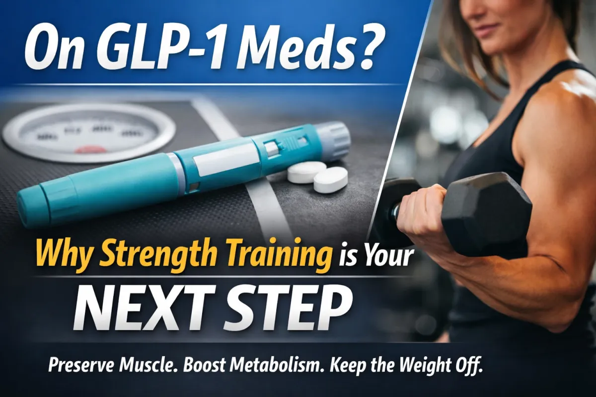 Promotional graphic showing a GLP-1 injection pen and pills on one side and a woman lifting a dumbbell on the other, with text highlighting strength training as the next step to preserve muscle, boost metabolism, and maintain weight loss.