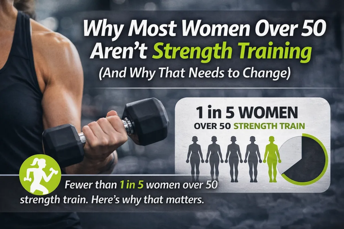 Cover image showing a woman lifting a dumbbell with bold text stating “Why Most Women Over 50 Aren’t Strength Training,” alongside a graphic highlighting that only 1 in 5 women over 50 strength train, using a black, grey, and lime green color scheme