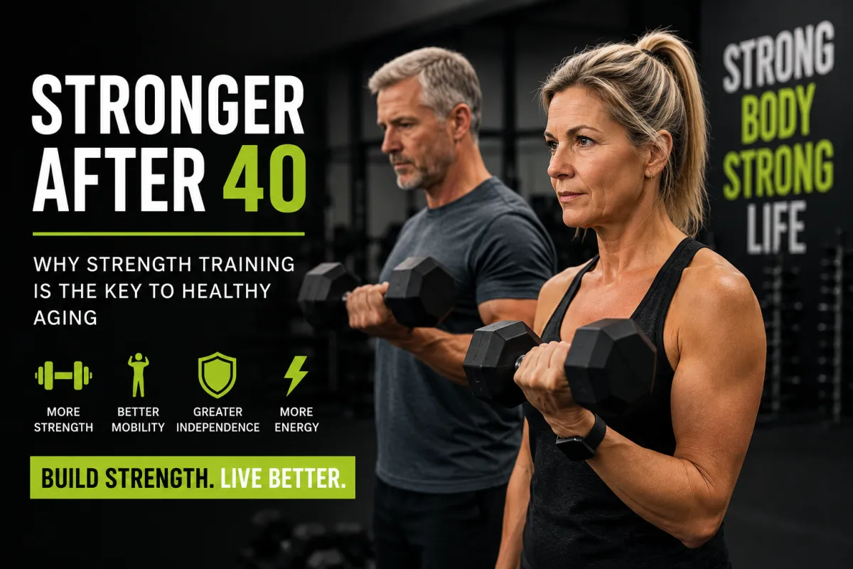 Middle-aged man and woman performing dumbbell strength training exercises in a modern gym with bold text reading “Stronger After 40” and messaging about healthy aging through strength training.