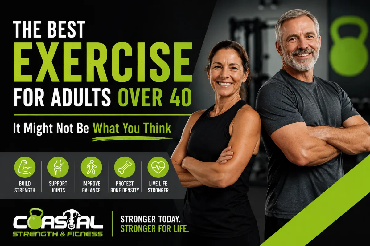 Two adults over 40 stand confidently in a modern gym setting with black, grey, and lime green branding. Large text reads “The Best Exercise for Adults Over 40 — It Might Not Be What You Think,” alongside icons highlighting strength, joint support, balance, bone density, and healthy aging. Coastal Strength & Fitness branding appears at the bottom.