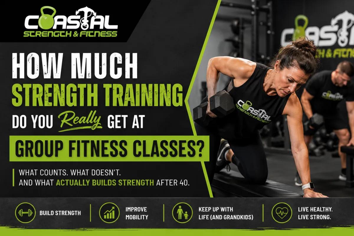 Woman performing a dumbbell row during a strength training workout at Coastal Strength & Fitness in Newport News, VA, with text explaining how much real strength training you get in group fitness classes after age 40.
