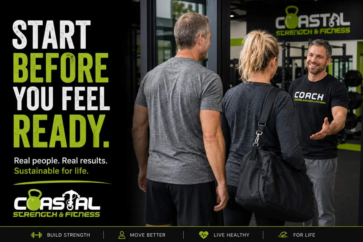 Man and woman over 40 entering a strength training gym with a coach welcoming them, representing overcoming fear and starting healthy habits after 40.