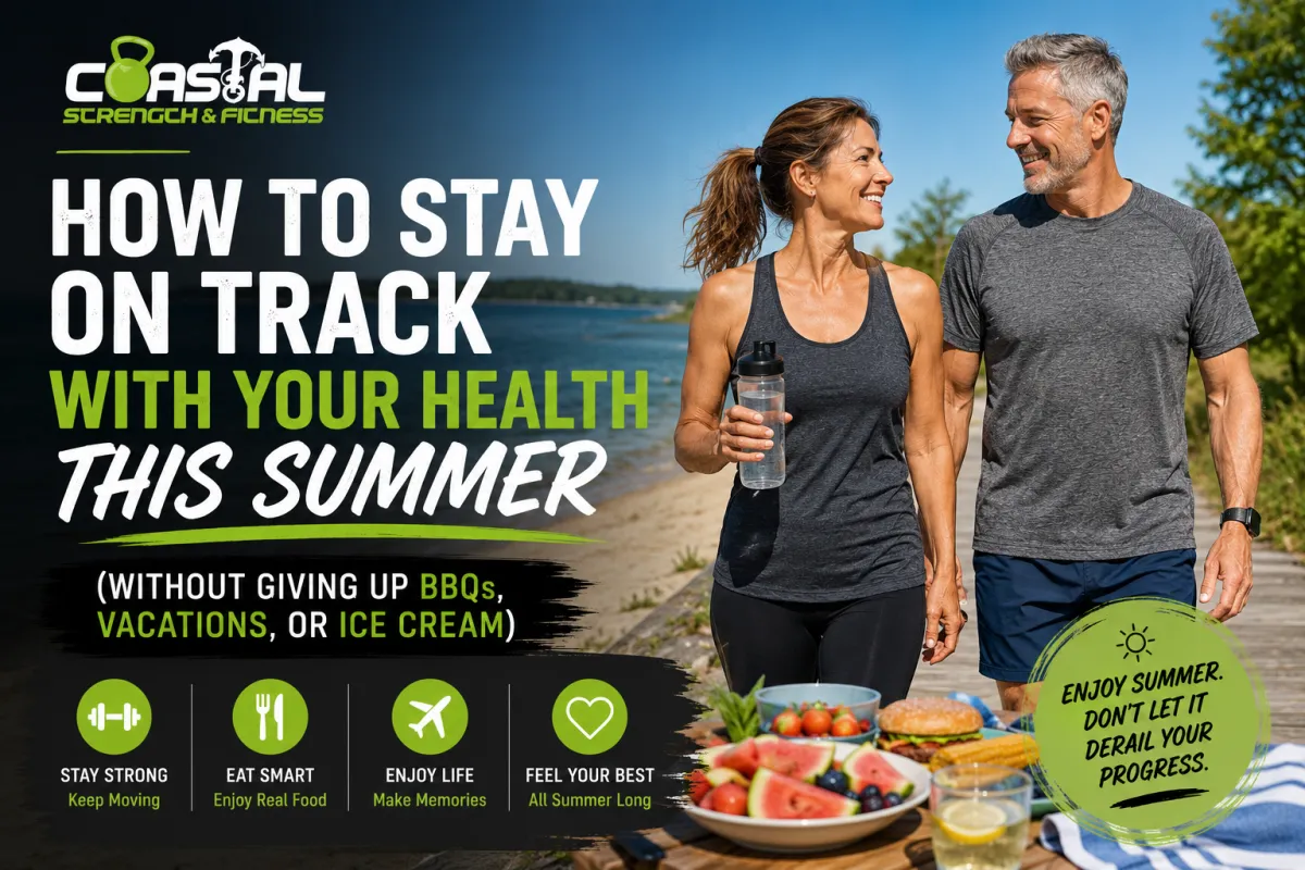 Middle-aged couple enjoying a summer walk with healthy picnic foods, promoting practical tips for staying healthy during summer without giving up BBQs, vacations, or ice cream from Coastal Strength & Fitness in Newport News, VA.