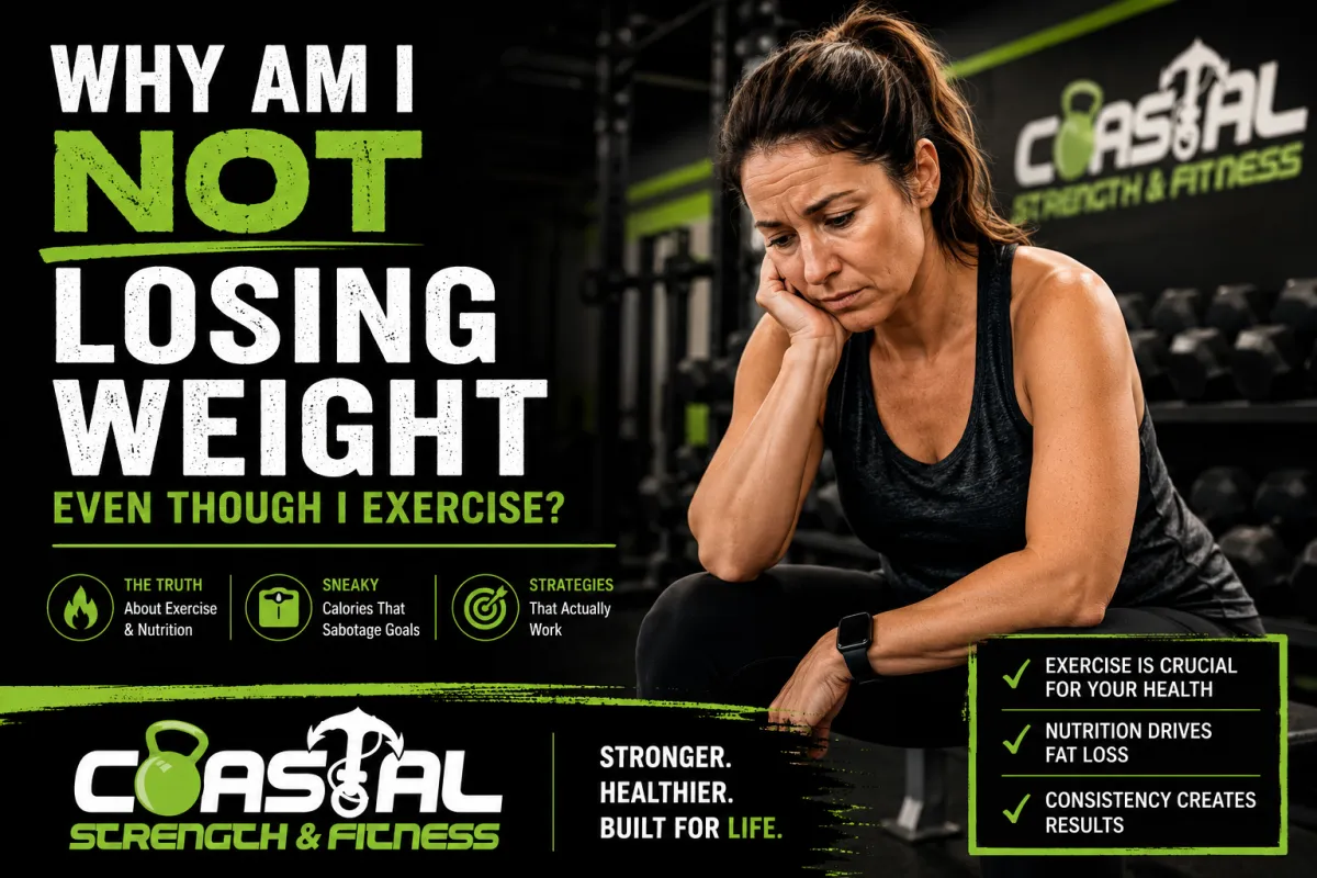 Woman sitting in a gym looking frustrated after a workout, illustrating common reasons people exercise consistently but struggle to lose weight. Coastal Strength & Fitness in Newport News, VA.